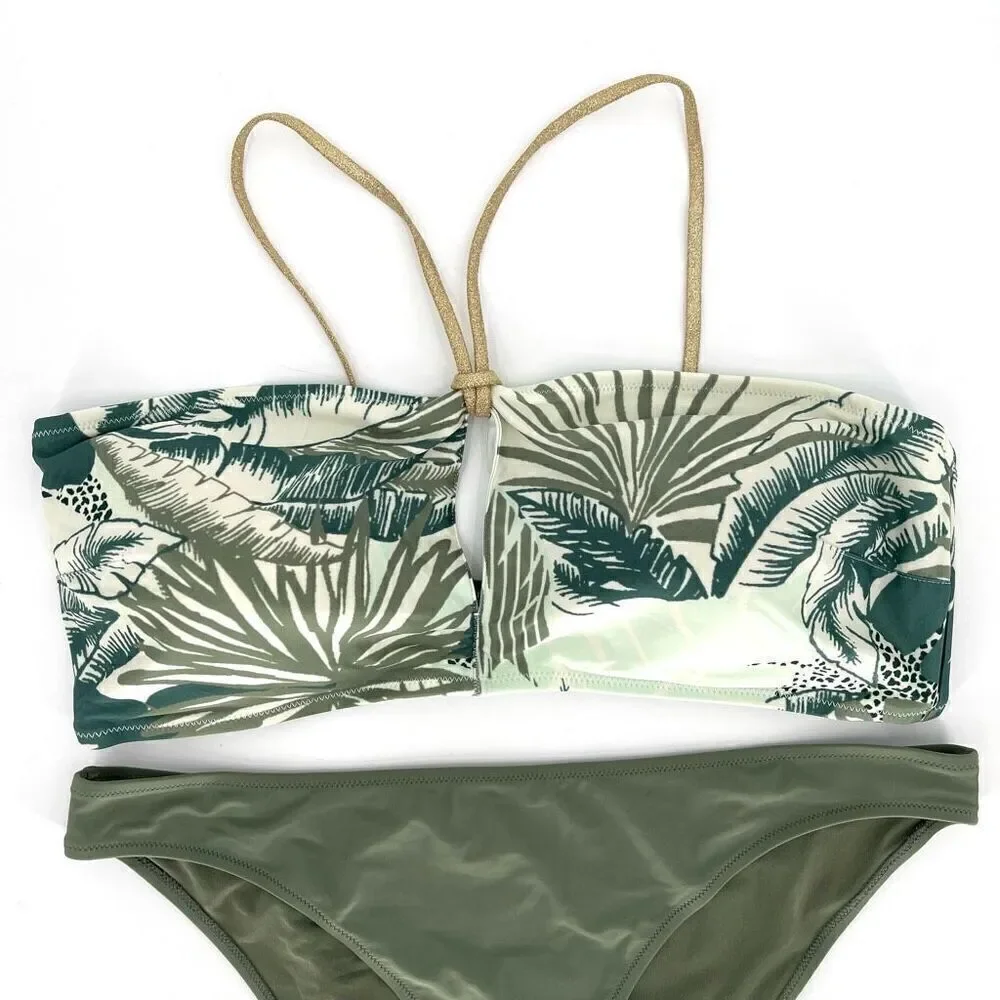 Aerie Keyhole Bandeau Top Cheeky Bottom Swimsuit Set Green Tropical‎ Print XXL